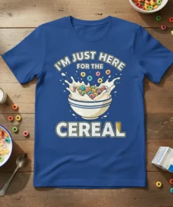 I'm Just Here For The Cereal text with a bowl of colorful cereal and milk splash graphic on a blue