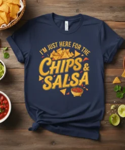 I'm Just Here For The Chips & Salsa quote on a navy t-shirt, featuring cartoon tortilla chips and salsa bowl