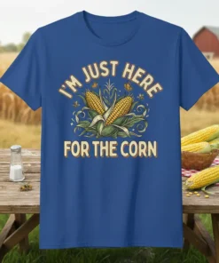 I'm Just Here For The Corn text with corn cobs and butterflies graphic on a blue t-shirt