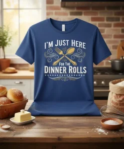I'm Just Here For The Dinner Rolls quote with crossed fork and spoon graphic on a blue t-shirt
