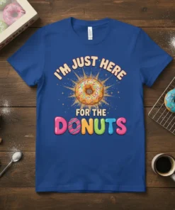 T-shirt with "I'm Just Here For The Donuts" text and a colorful donut graphic, set against a blue background