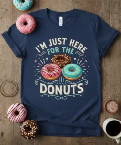 Navy t-shirt with the text "I'm Just Here For The Donuts" and colorful donut graphics
