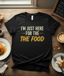 Black t-shirt with white and yellow text that reads "I'm Just Here For The Food" - a funny foodie slogan