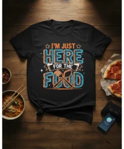 Black t-shirt with neon-style text reading "I'm Just Here For The Food" and crossed fork and spoon graphic