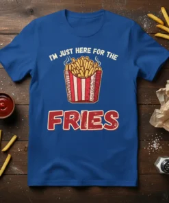 I'm Just Here For The Fries t-shirt design featuring a cartoon of french fries in a red and white striped