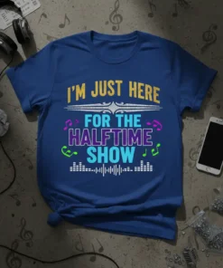 Blue t-shirt with yellow, white, purple, and teal text reading "I'm Just Here For The Halftime Show" with musical notes