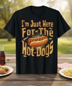 Black t-shirt with bold yellow text "I'm Just Here For The Hot Dogs" and a graphic of a hot dog