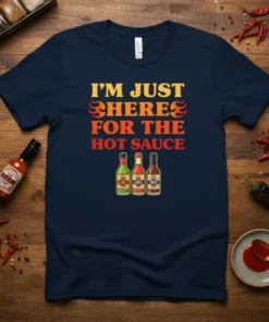 T-shirt design with text "I'm Just Here For The Hot Sauce" and three bottles of hot sauce, yellow, orange, and
