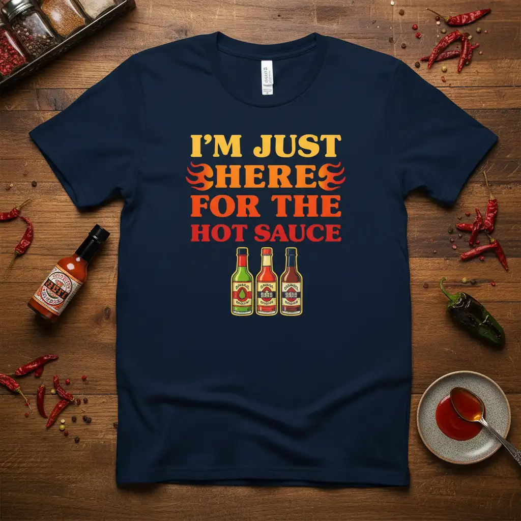 I'm Just Here For The Hot Sauce text design with three hot sauce bottles and flame accents