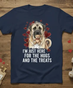 I'm Just Here For The Hugs And The Treats quote on a navy t-shirt with a mastiff dog holding a