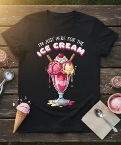 I'm Just Here For The Ice Cream t-shirt design featuring a colorful ice cream sundae graphic and playful text