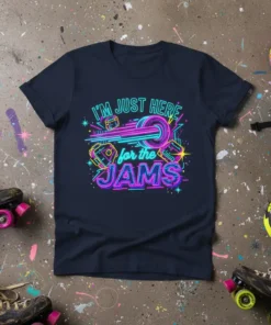 I'm Just Here for the JAMS roller derby t-shirt with neon graphics and roller skate wheels