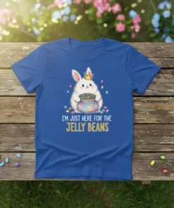Easter bunny wearing a crown holding a bag of jelly beans with the text "I'm Just Here For The Jelly