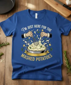 Blue t-shirt with "I'm Just Here For The Mashed Potatoes" text and graphic of hands whisking mashed potatoes