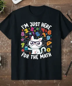 I'm Just Here For The Math T-Shirt featuring a white cat in glasses holding a calculator amidst colorful numbers and