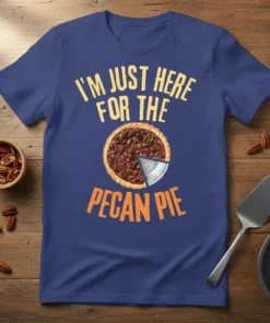 T-shirt with the text "I'm Just Here For The Pecan Pie" and a graphic of a pecan pie