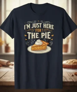 I'm Just Here For The Pie quote with a slice of pie graphic on a navy t-shirt