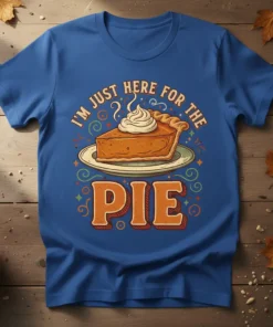Blue t-shirt with the phrase "I'm Just Here For The Pie" and an illustration of a slice of pumpkin pie