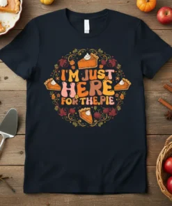 I'm Just Here For The Pie text with pumpkin pie slices graphic on a navy t-shirt