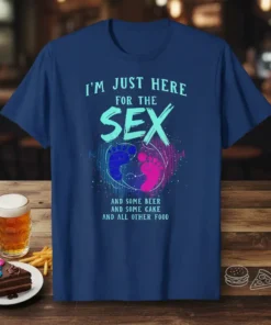 T-shirt with text "I'm Just Here For The Sex And Some Beer And Some Cake And All Other Food" and