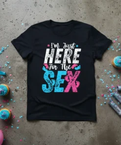 I'm Just HERE For The SEX text design with pink and blue baby footprints on a black t-shirt, perfect for