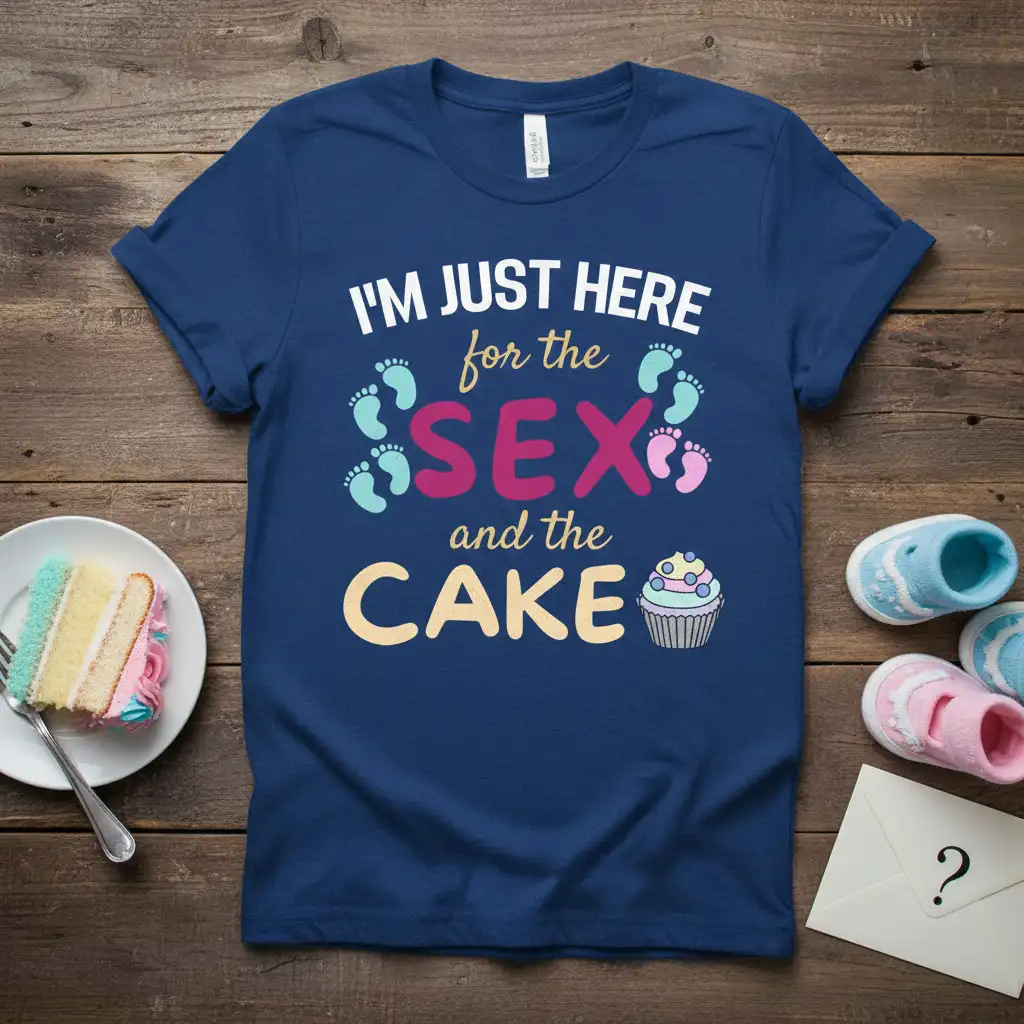 I'm Just Here for the Sex and the Cake text and cupcake graphic on a navy blue pregnancy announcement t-shirt