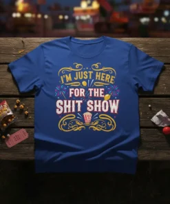 I'm Just Here For The Shit Show text design with fireworks and popcorn graphic on a blue t-shirt
