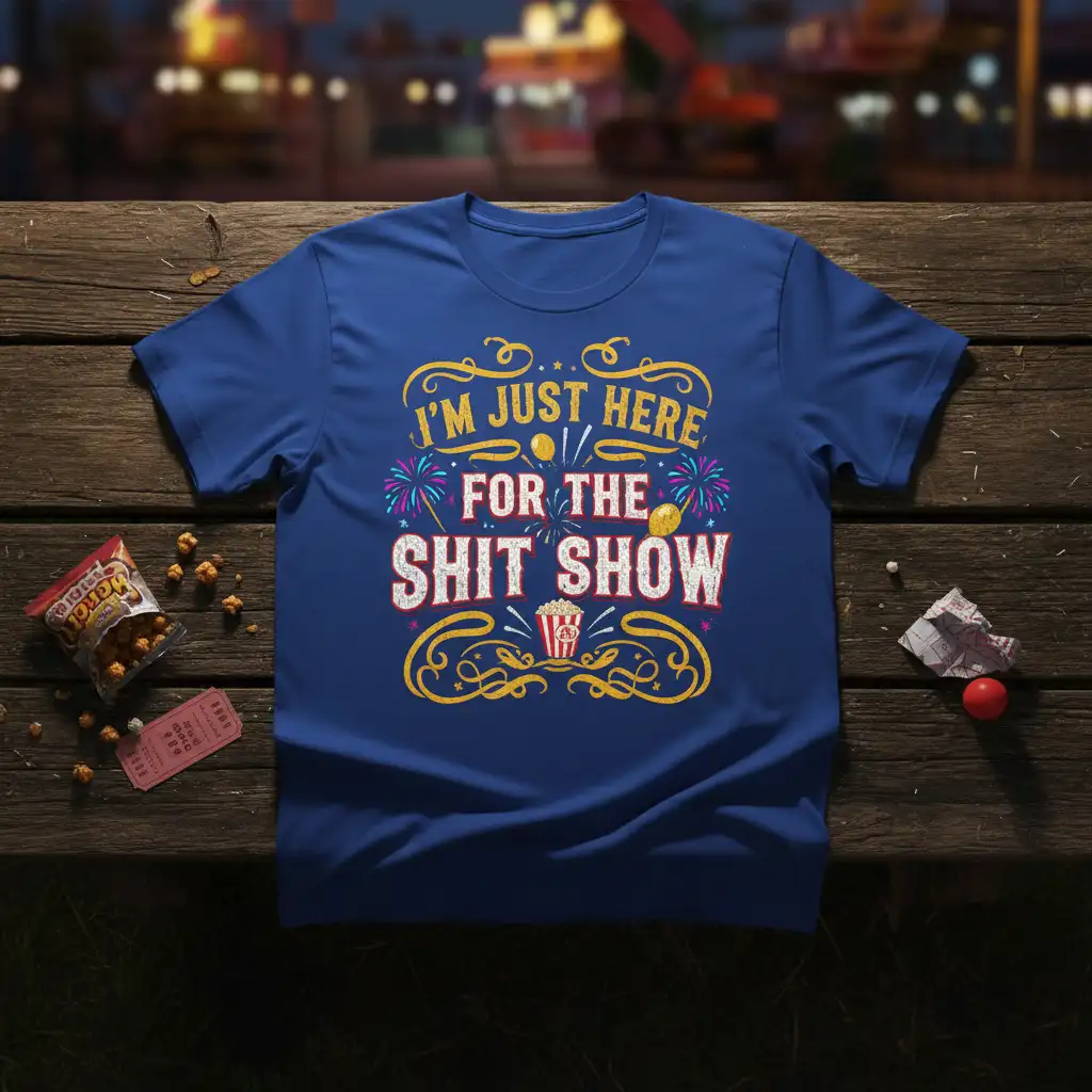 I'm Just Here For The Shit Show humorous quote tee with carnival graphics