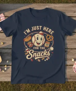 Retro baseball design with text "I'm Just Here For The Snacks" surrounded by hot dog, pretzel, and fries