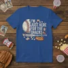 T-shirt with "I'm Just Here For The Snacks" text, baseball, hot dog, and popcorn graphic