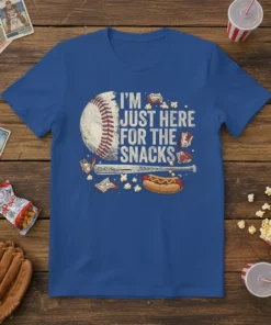 T-shirt with "I'm Just Here For The Snacks" text, baseball, hot dog, and popcorn graphic