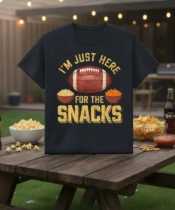 I'm Just Here For The Snacks football design with popcorn and chips, vintage style text on a black t-shirt