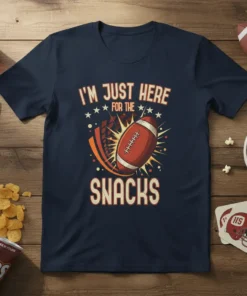 Navy t-shirt with "I'm Just Here For The Snacks" text and a graphic of a football exploding with energy