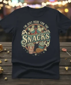 I'm Just Here For The Snacks t-shirt design with vintage circus-style graphics featuring popcorn, cupcakes, and cartoon mouse ears