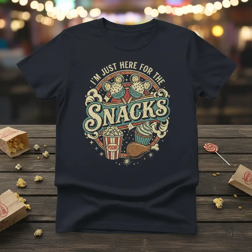 I'm Just Here For The Snacks quote on a t-shirt with popcorn and cupcake graphics