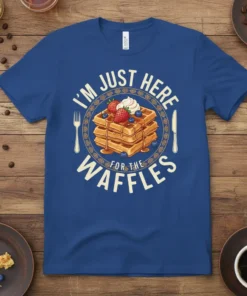 I'm Just Here For The Waffles text with a stack of syrup-covered waffles graphic, strawberries, blueberries, and whipped cream