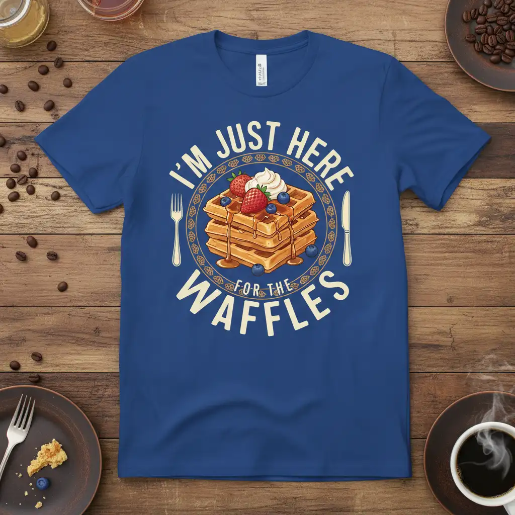 I'm Just Here For The Waffles funny quote with a stack of syrup-covered waffles graphic and berries