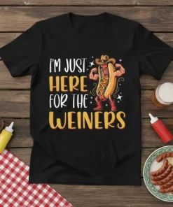 I'M JUST HERE FOR THE WEINERS stylish graphic design printed on comfortable cotton t-shirt
