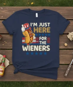 I'm Just Here For The Wieners t-shirt design featuring a cartoon hot dog in a patriotic hat and stars