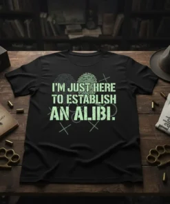 I'm Just Here To Establish An Alibi quote with fingerprint graphics on a black t-shirt