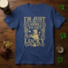 I'm Just Here To Get Lucky dog t-shirt design with golden retriever and shamrocks