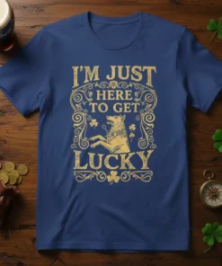 I'm Just Here To Get Lucky dog t-shirt design with golden retriever and shamrocks