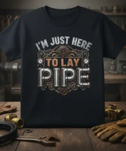 Black t-shirt with "I'M JUST HERE TO LAY PIPE" text in industrial-style lettering, featuring gears and gauges