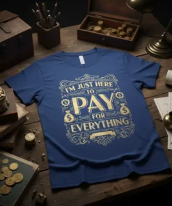 I'm Just Here To Pay For Everything quote in gold ornate typography on a navy blue t-shirt design
