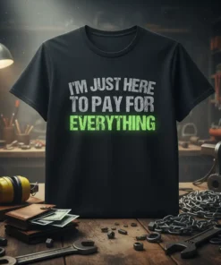 Black t-shirt with "I'M JUST HERE TO PAY FOR EVERYTHING" in distressed white and neon green text