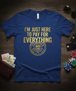 I'm Just Here To Pay For Everything text with gold gear graphic on a blue t-shirt