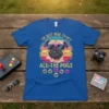 I'm Just Here To Pet All The Pugs t-shirt with a pug wearing sunglasses and retro sunset graphic