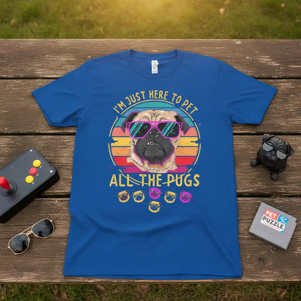I'm Just Here To Pet All The Pugs quote with a pug wearing sunglasses on a retro sunset t-shirt graphic