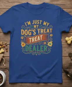 I'm Just My Dog's Treat Treat Dealer text on a royal blue t-shirt, featuring decorative elements and paw prints