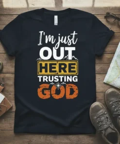 I'm Just Out Here Trusting God t-shirt with bold typography and mountain graphic, featuring a compass motif